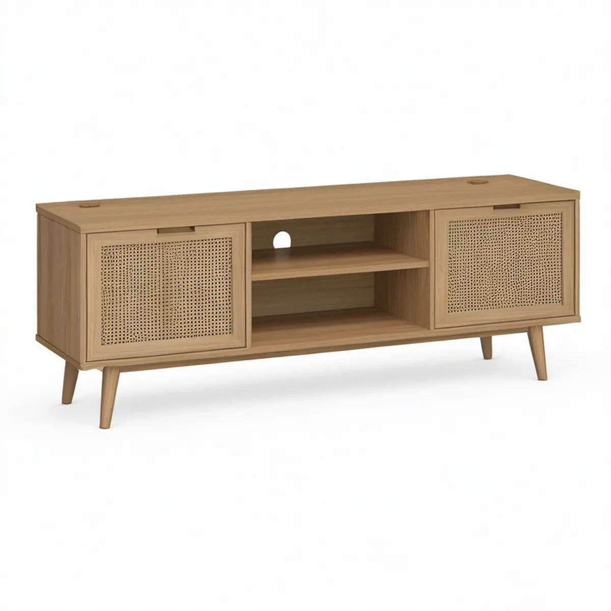 Obdélníkový televizní stolek se 2 dvířky z MDF a ratanu, přírodní dub/béžová, 140 × 40 × 55 cm