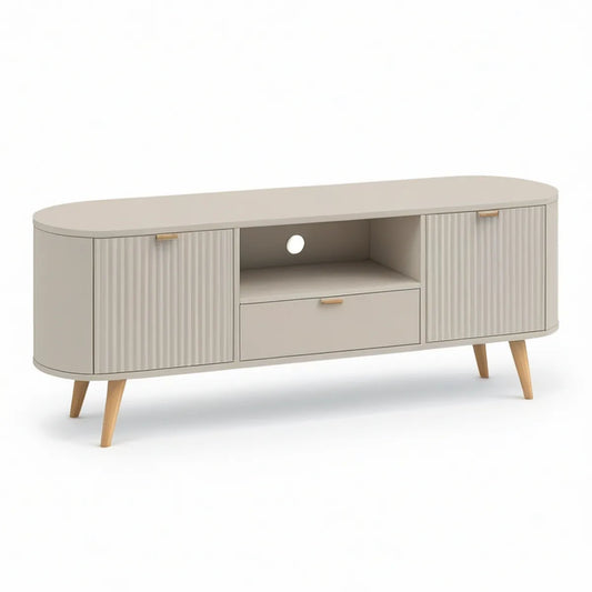 Oválný TV stolek se 2 skříňkami a zásuvkou, 160 × 40 × 55 cm, béžový