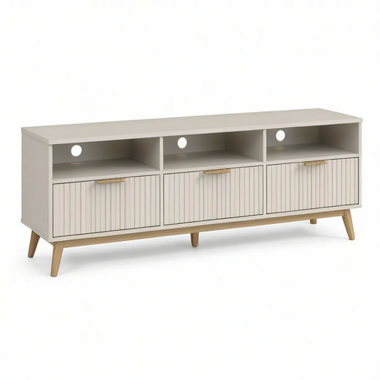 TV stolek z MDF v béžové a přírodní hnědé barvě, 180 × 40 × 60 cm, 3 dvířka a 3 otevřené přihrádky